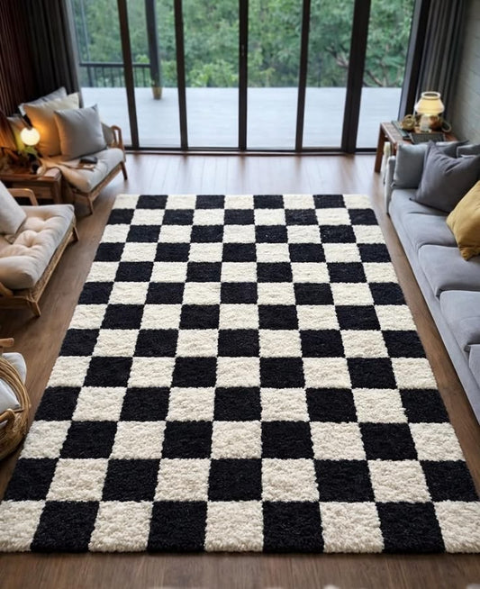 Modern Checkered Plush Area Rug / Geometric Living Room Carpet